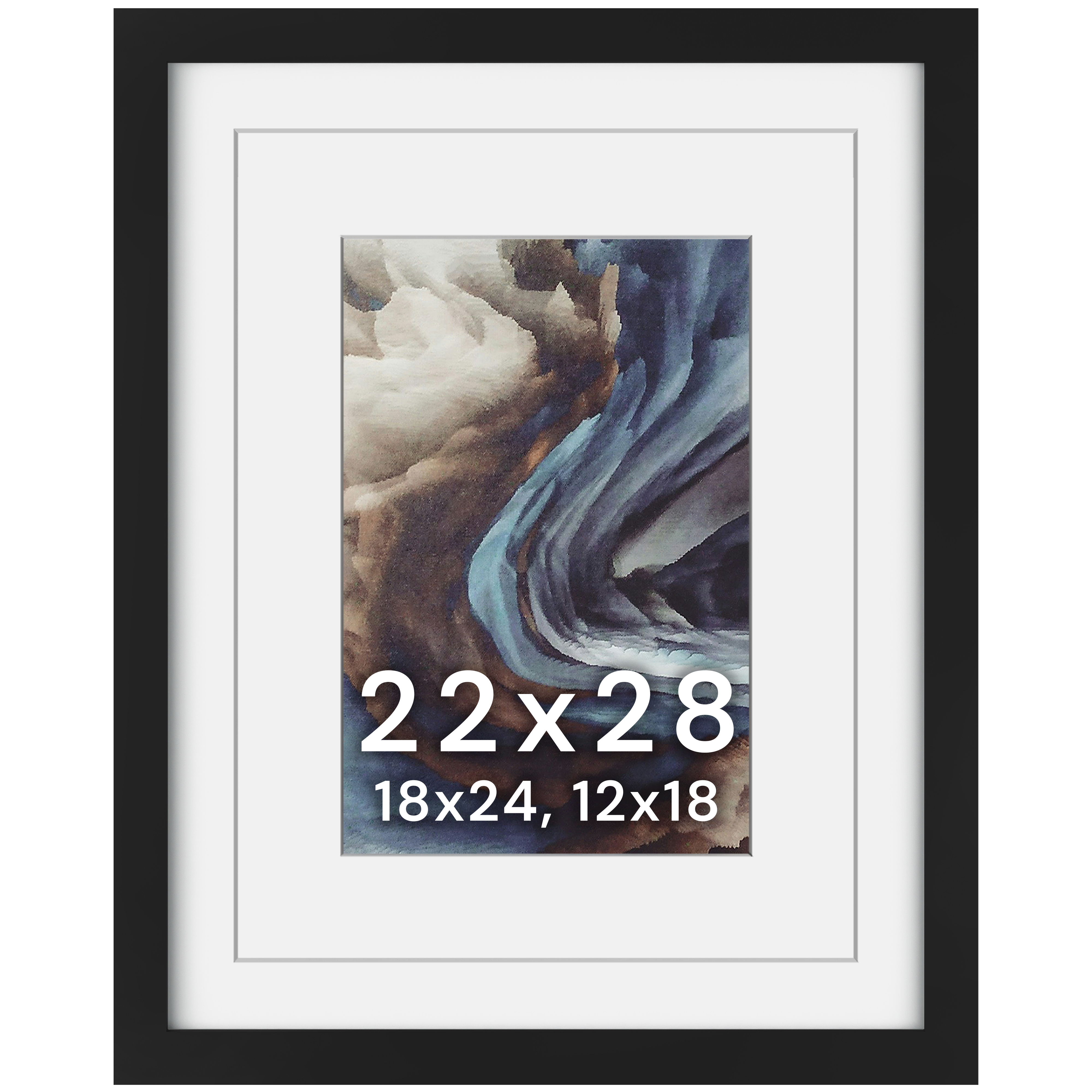 22x28 Poster Frame, Double Matted to 18x24 and 12x18, Black