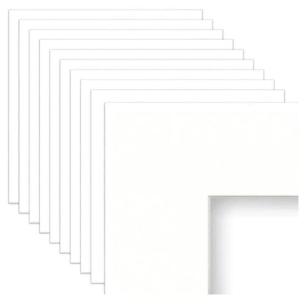 8x8-6x6 White Frame Mats, Bevel Cut, White Core, Set of 10 - Frame Amo