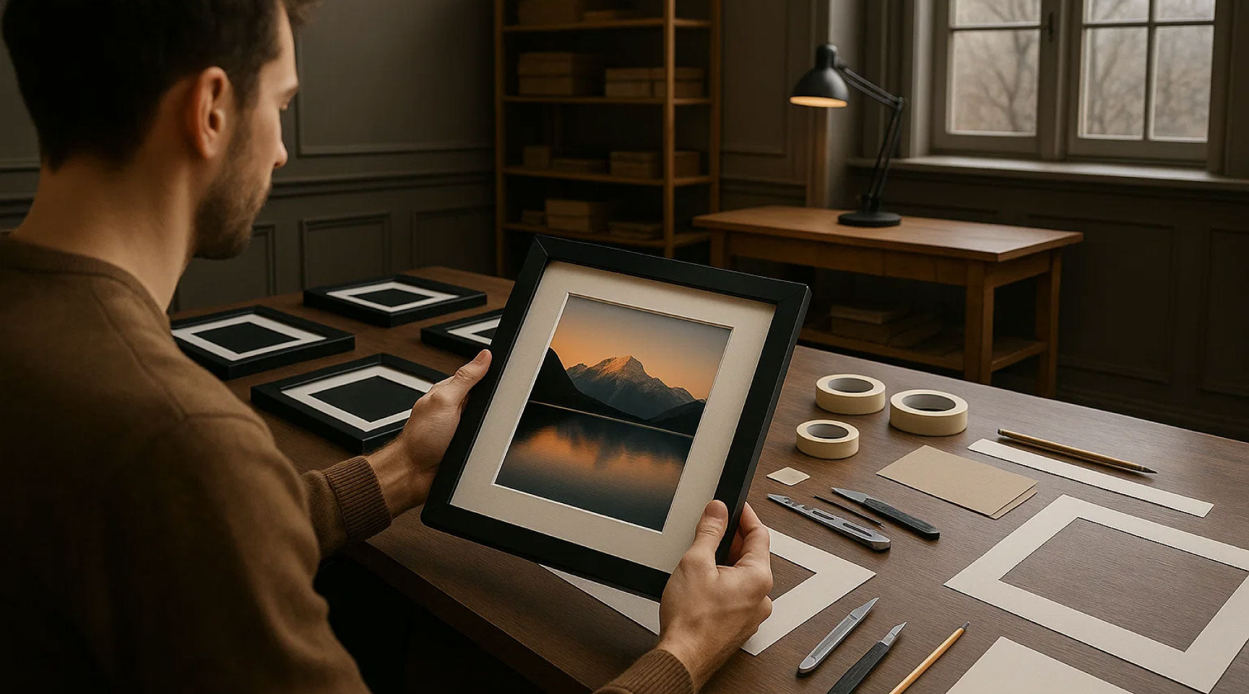 A man holding a solid wood picture frame in his art studio, surrounded by artwork and painting supplies, showcasing professional framing for posters, photographs, or paintings.