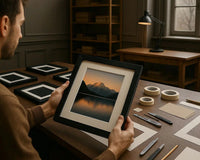 A man holding a solid wood picture frame in his art studio, surrounded by artwork and painting supplies, showcasing professional framing for posters, photographs, or paintings.