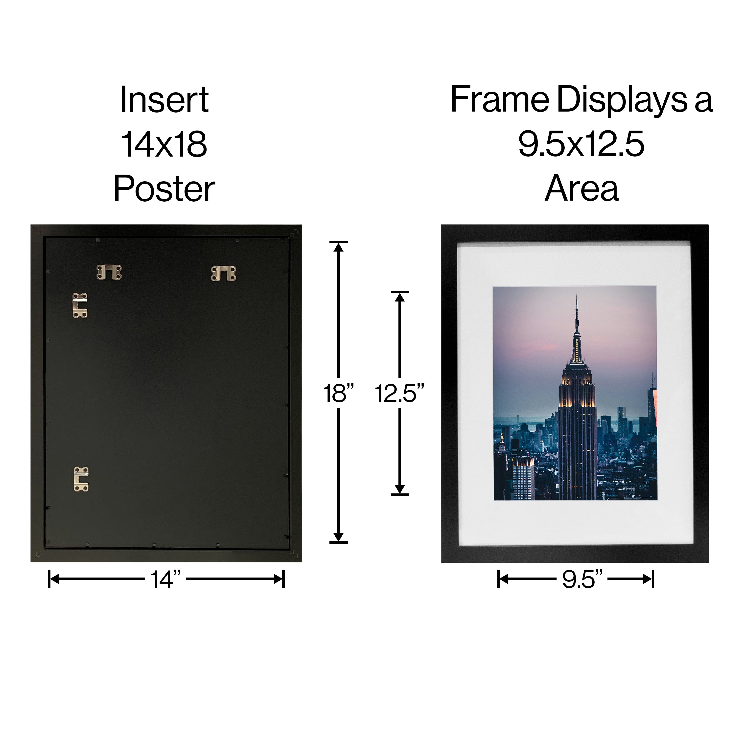 14x18-10x13 Modern Black Picture Frame, with White Mat, 1 inch Wide Border, Acrylic Front