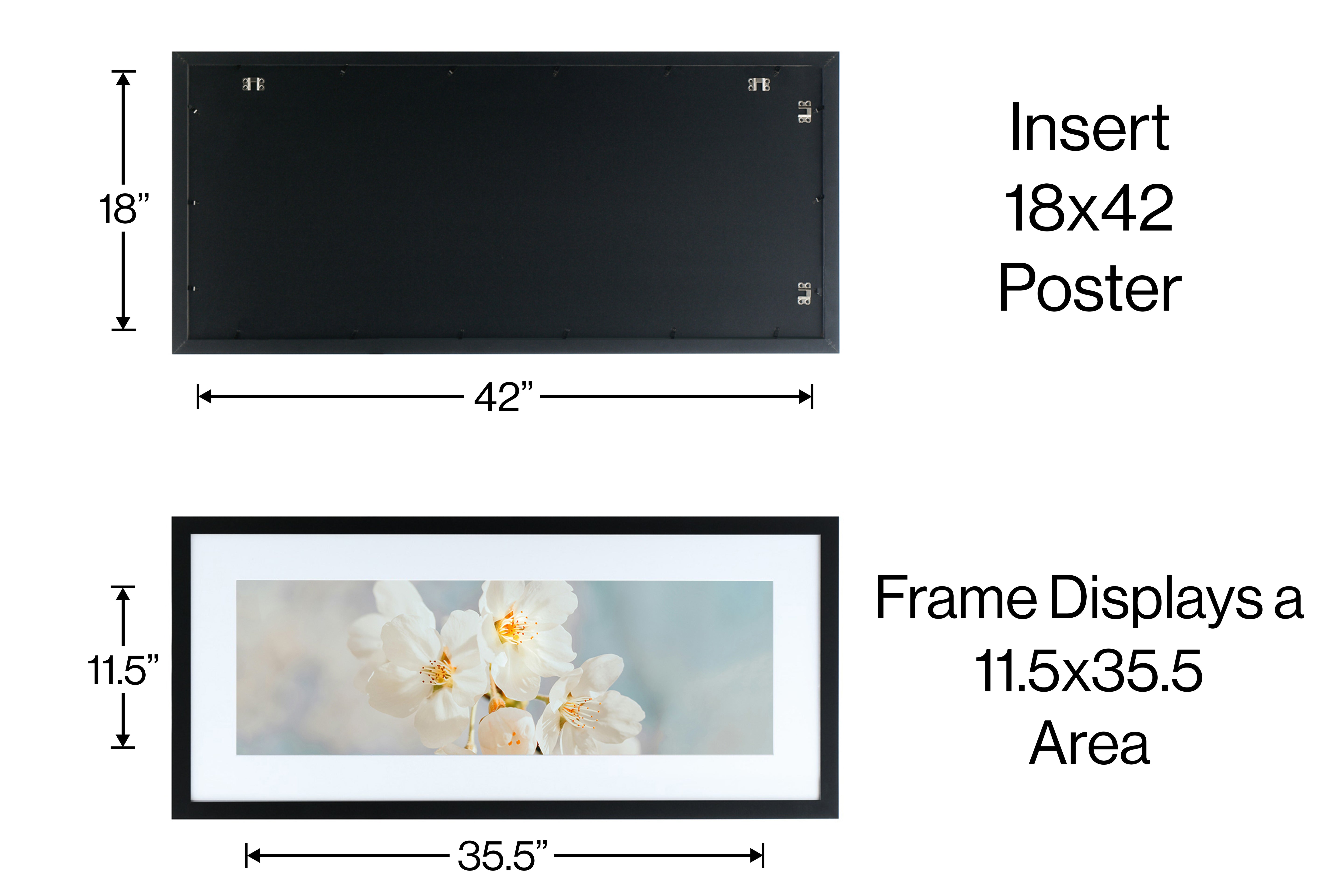 18x42-12x36 Poster Frame with 11.5x35.5 White Mat Opening, 1.25 inch Wide and 1 inch Thick Border, Acrylic Front