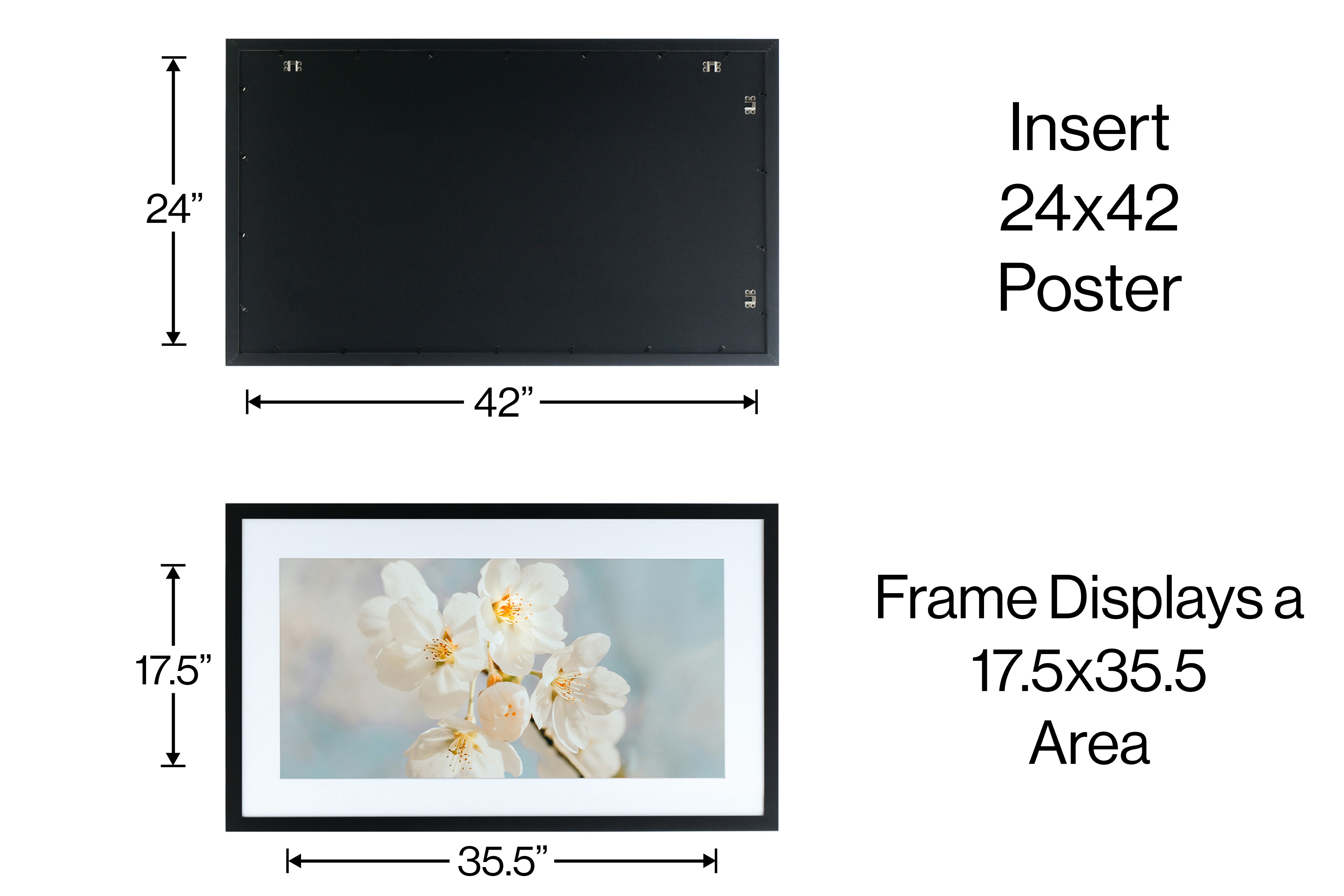 24x42-18x36 Poster Frame with 17.5x35.5 White Mat Opening, 1.25 Inch Wide and 1 Inch Thick Border, Acrylic Front