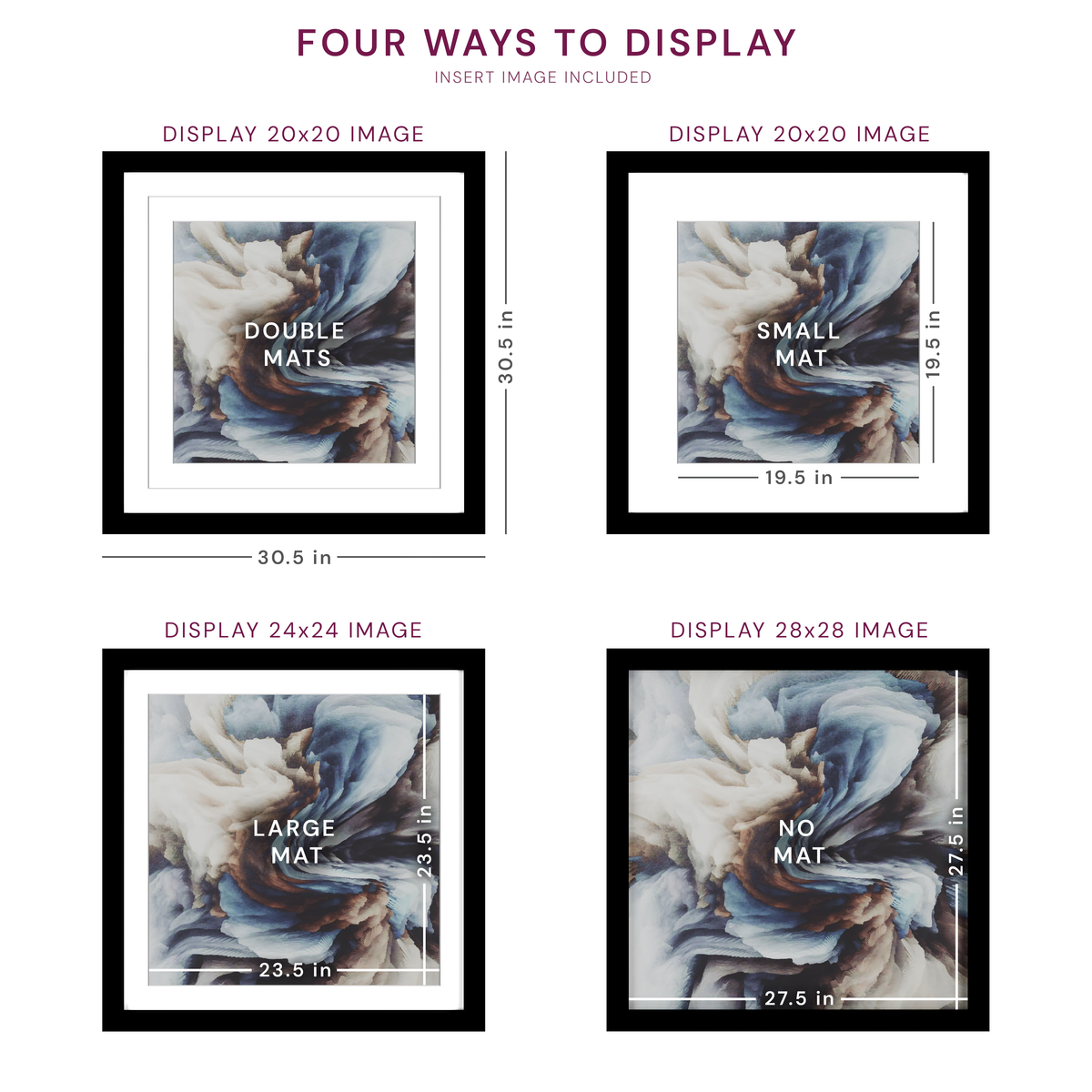 28x28 Wood Frame Double Matted to 24x24 and 20x20 - Glass