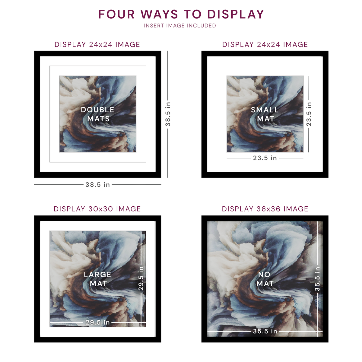 36x36 Wood Frame Double Matted to 30x30 and 24x24 - Glass