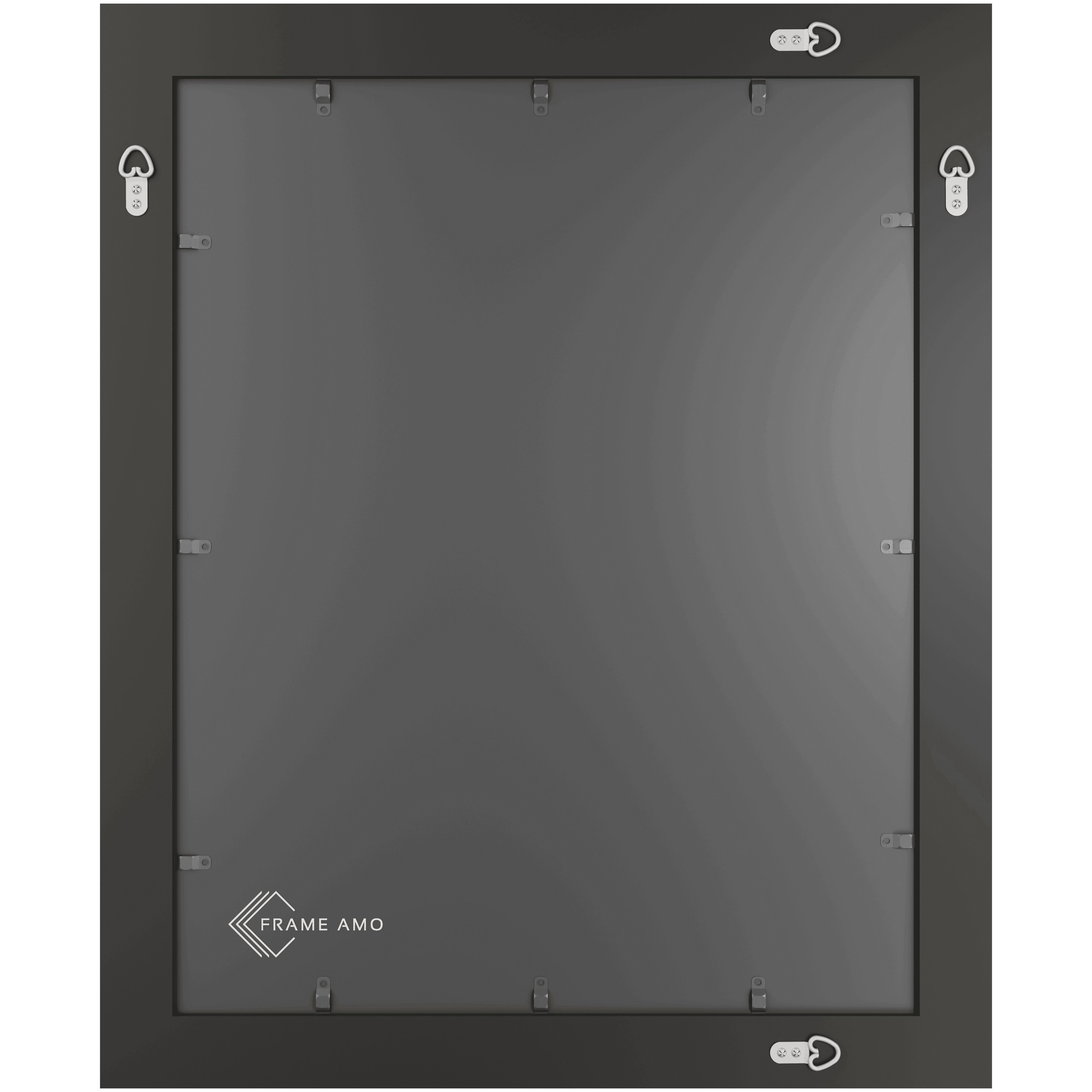 Four D-rings are screwed to the back of the black frame for vertical and horizontal hanging.