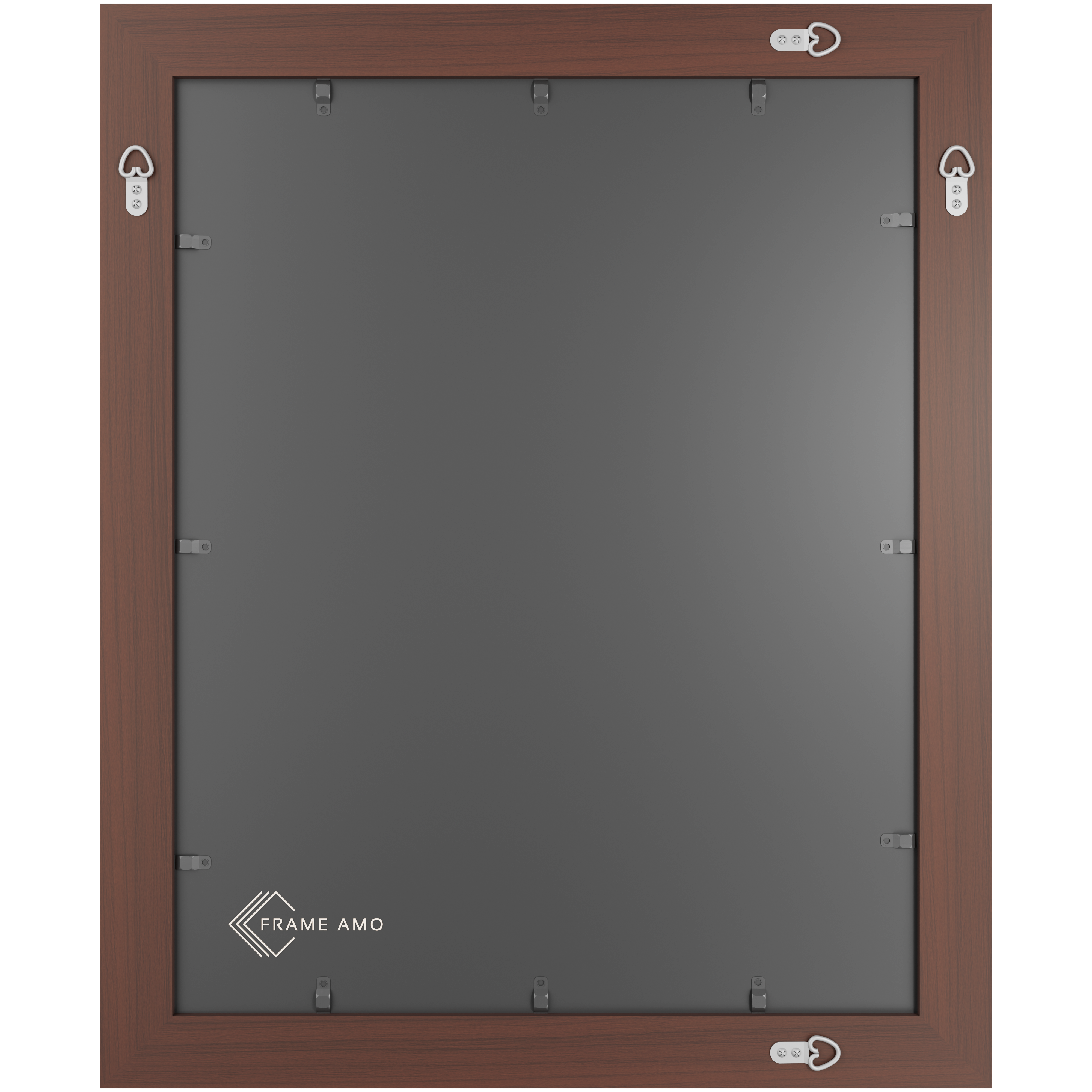 Four D-rings are screwed to the back of the walnut frame for vertical and horizontal hanging.