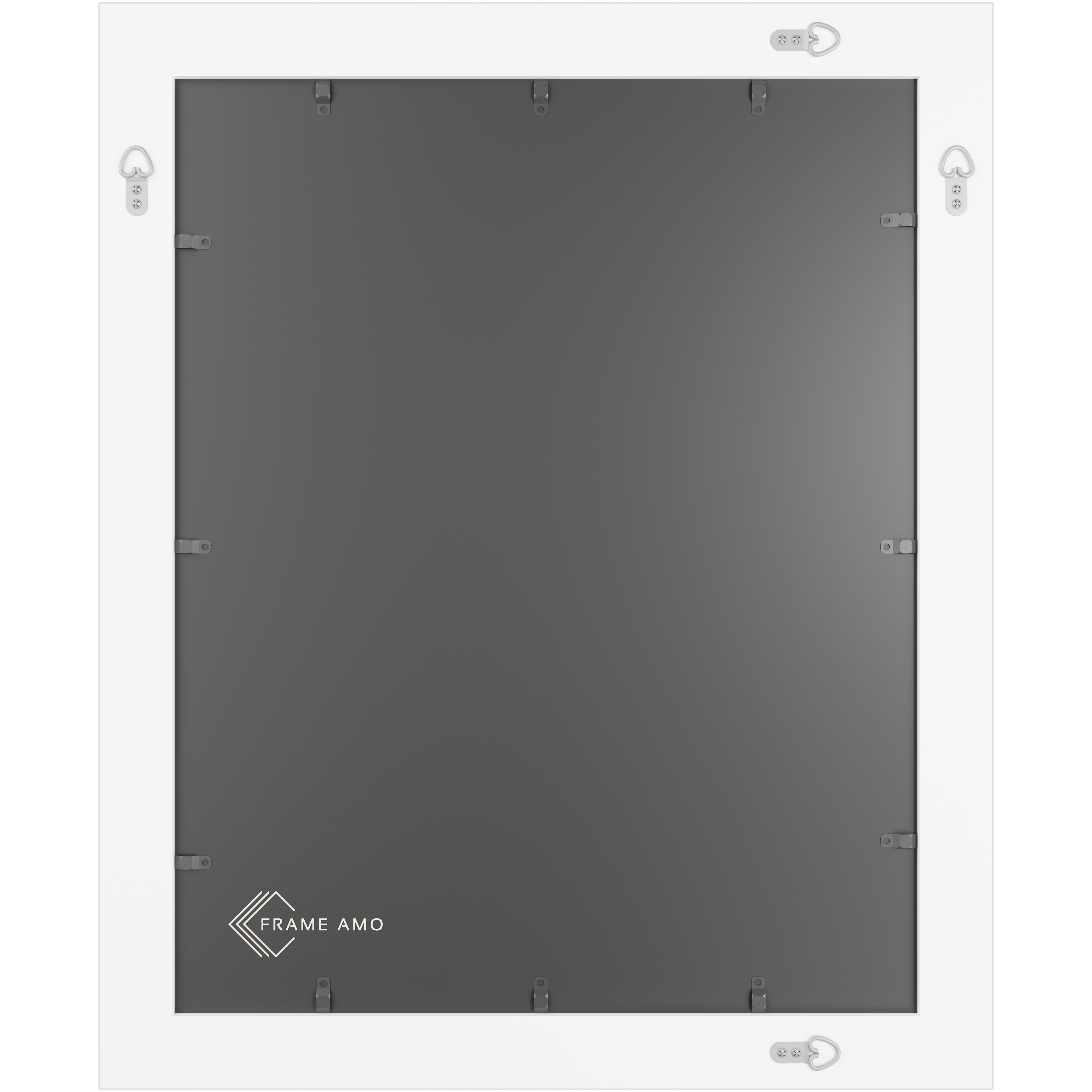 Four D-rings are screwed to the back of the white frame for vertical and horizontal hanging.