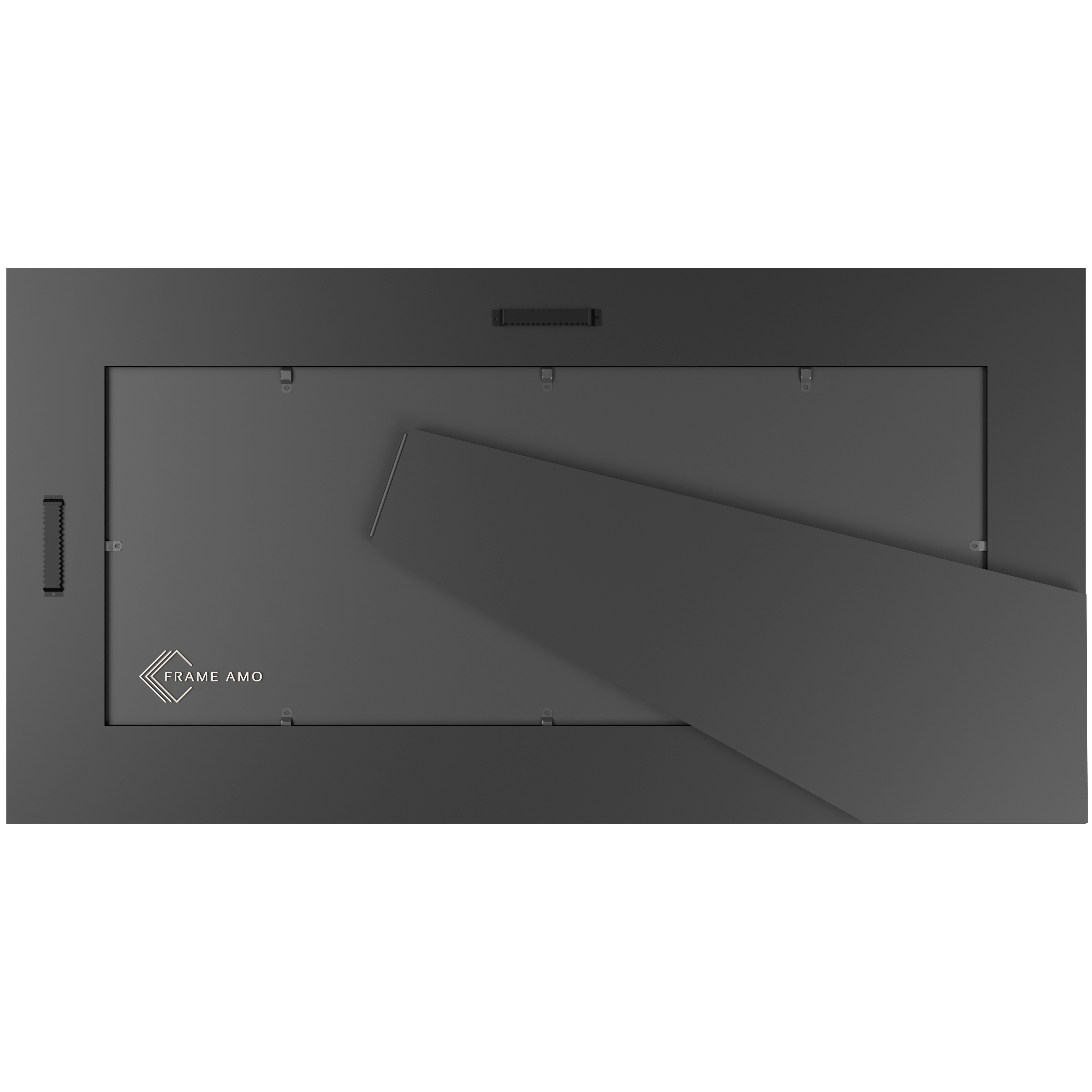 Panoramic frame with two sawtooth hangers for vertical and horizontal display. Backing includes an easel. 